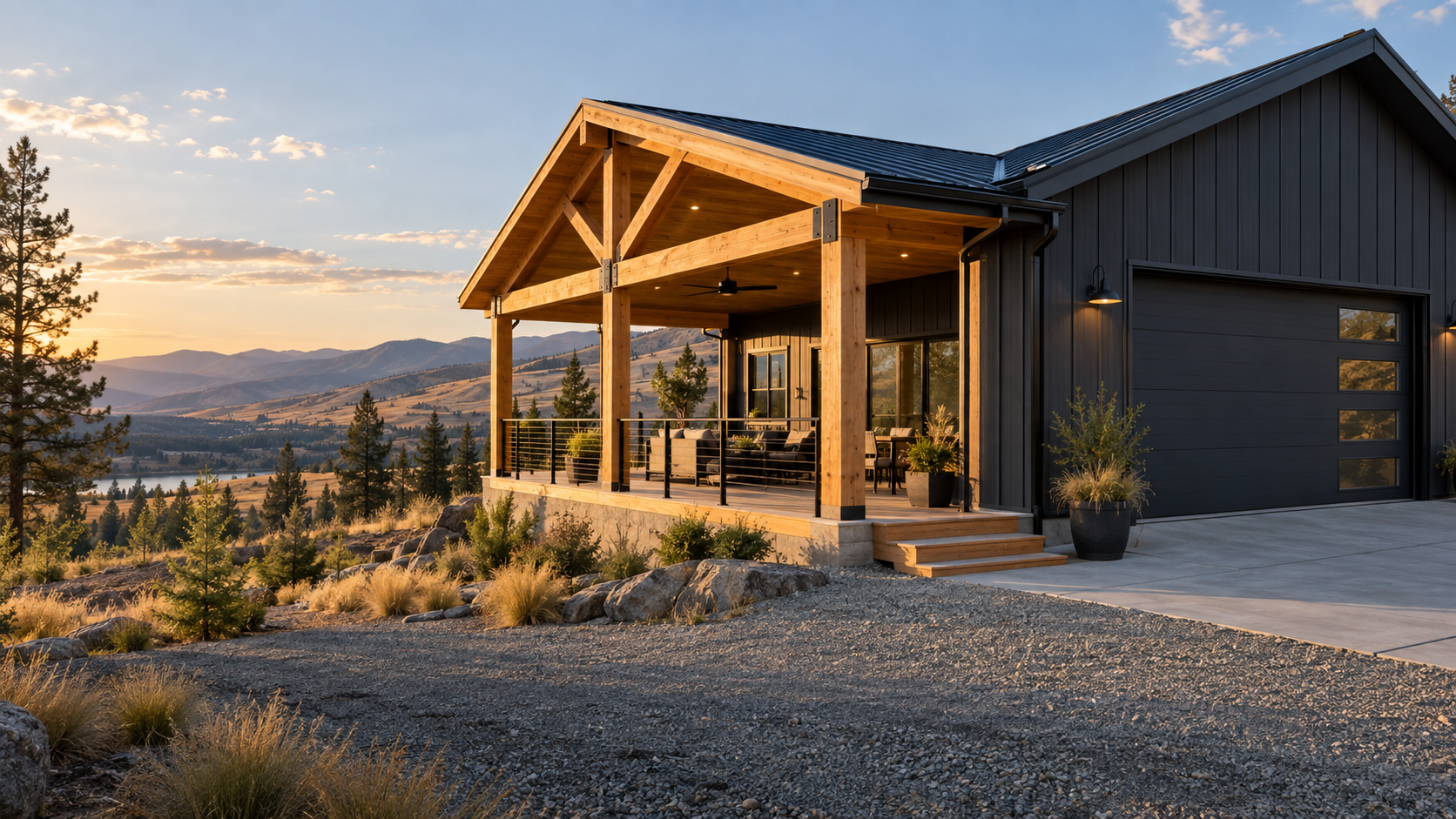 Illustrative timber deck and contemporary garage in an Interior BC landscape